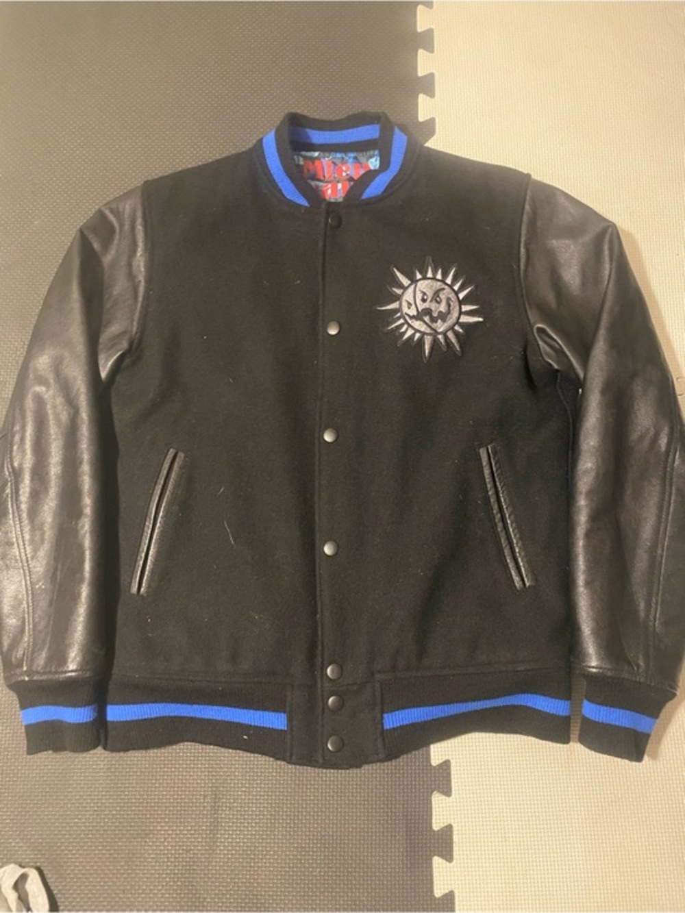 Vintage Black leather Varsity Jacket with Sun Patch